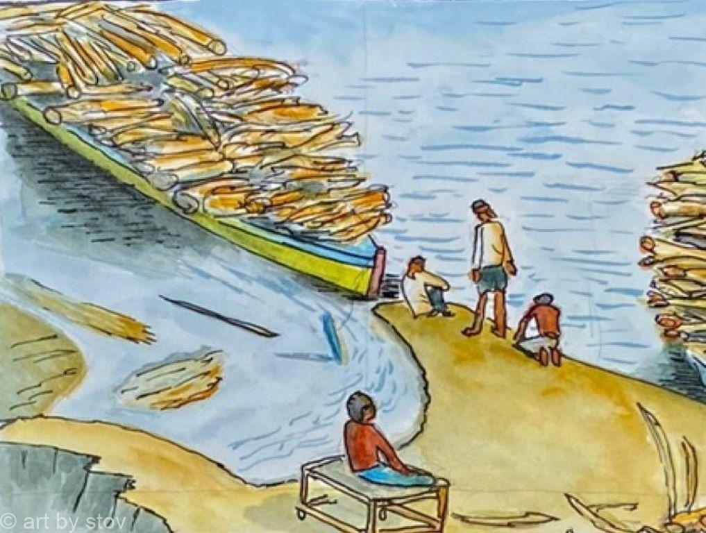 Sketch boats carrying wood