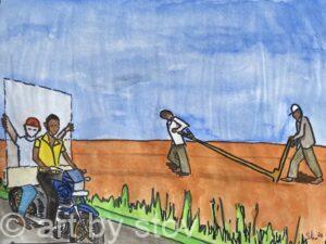 Sketch Cycle with glass and man drawn plough