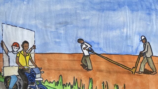 Sketch Cycle with glass and man drawn plough